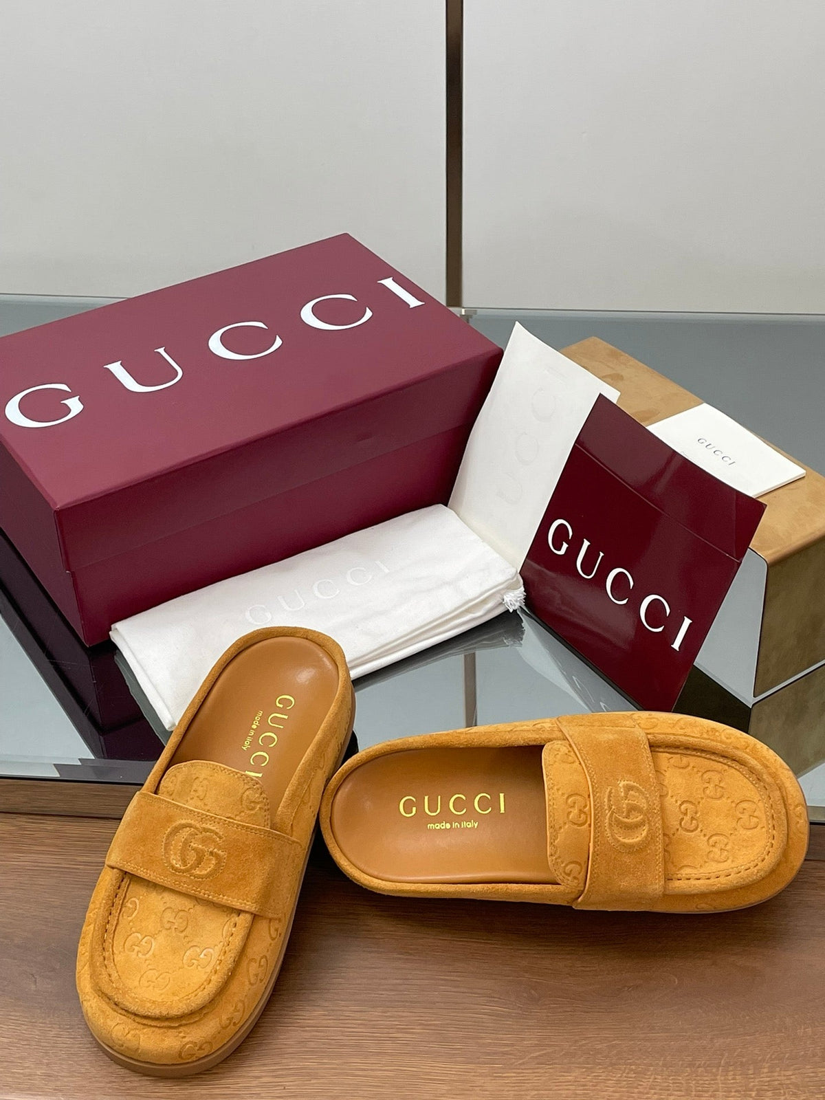 Gucci 26s Celia Mules Mustard GG Suede 156839