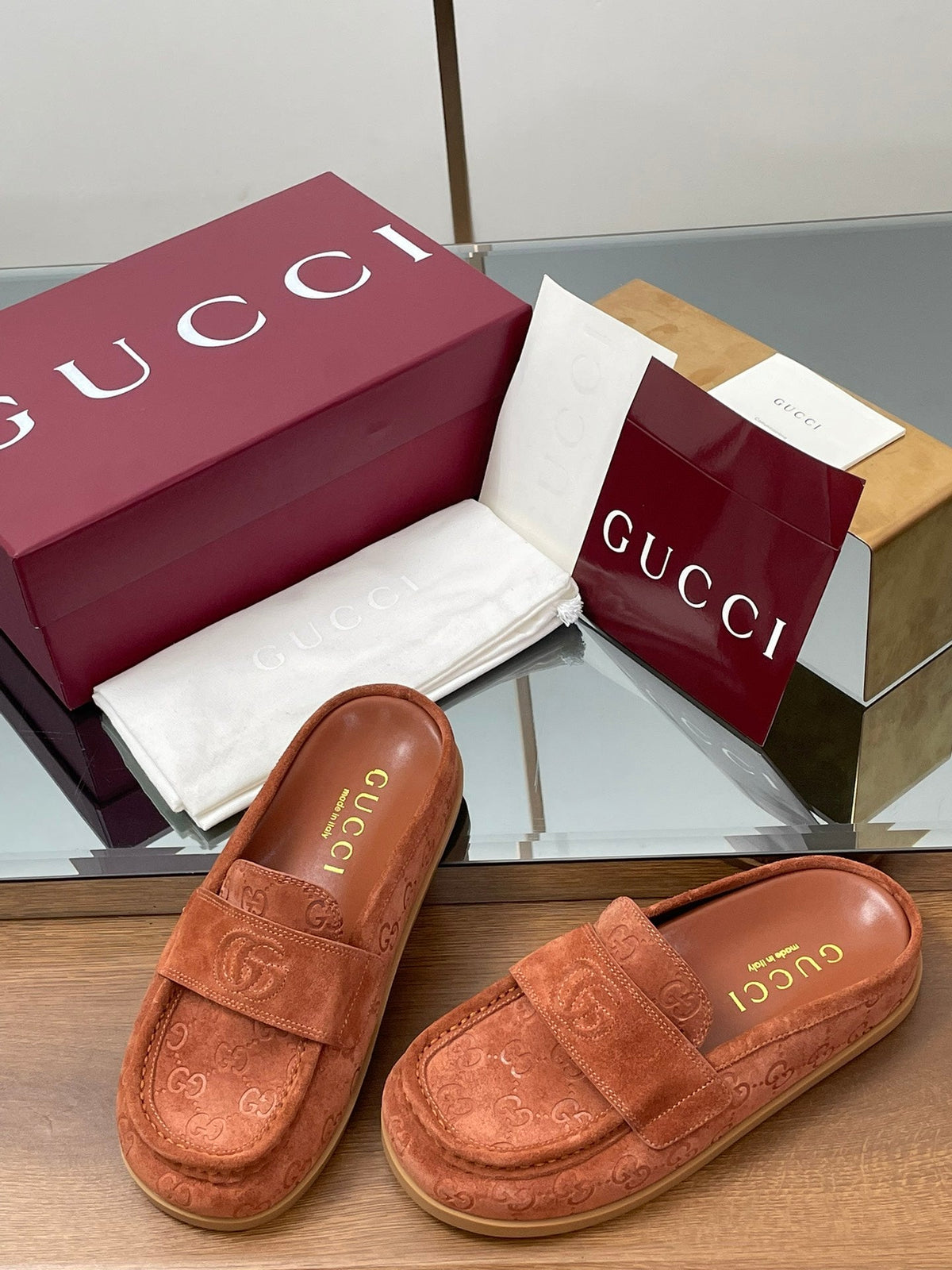 Gucci 26s Celia Mules Brick Red GG Suede 156841