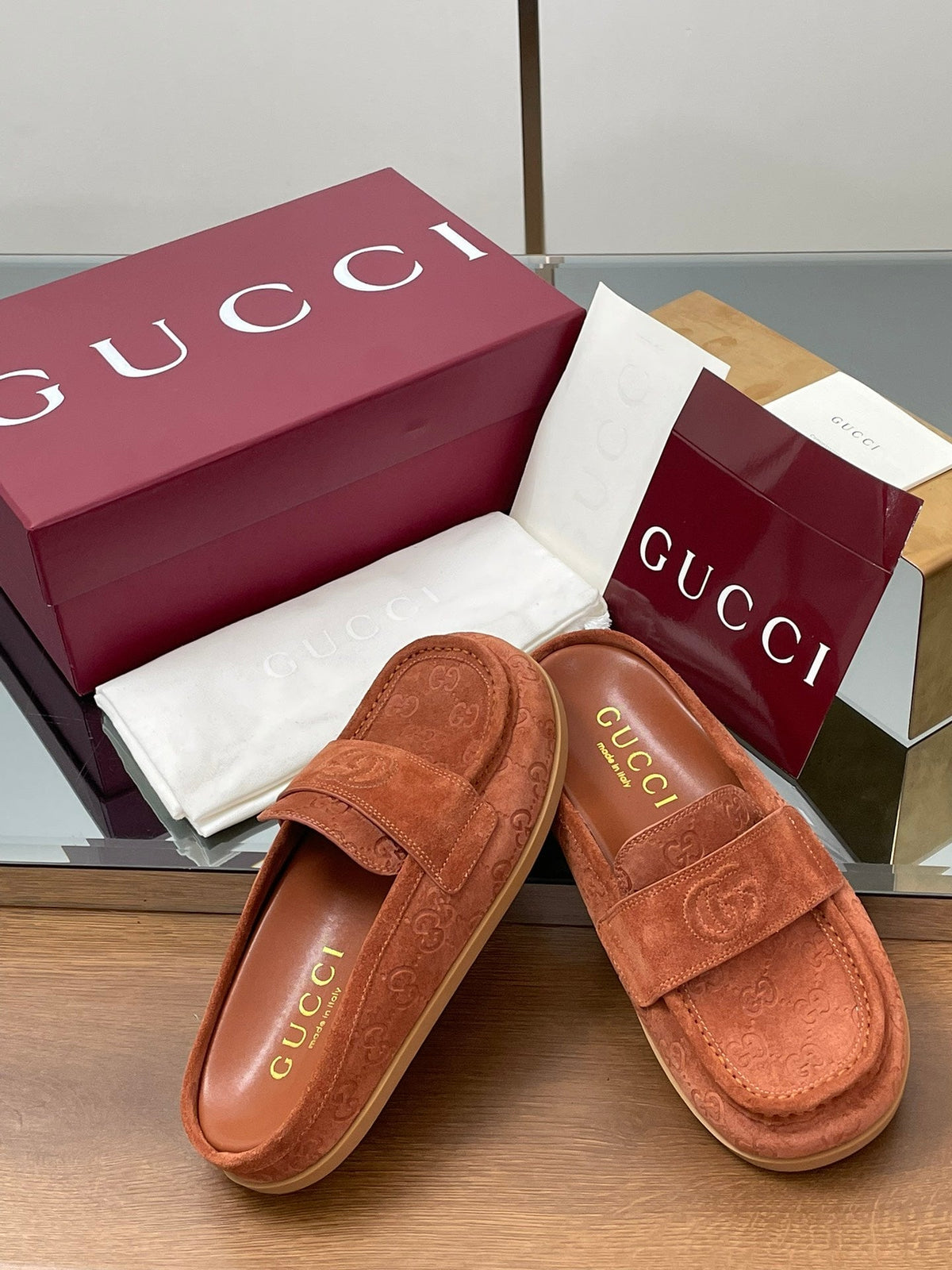 Gucci 26s Celia Mules Brick Red GG Suede 156841