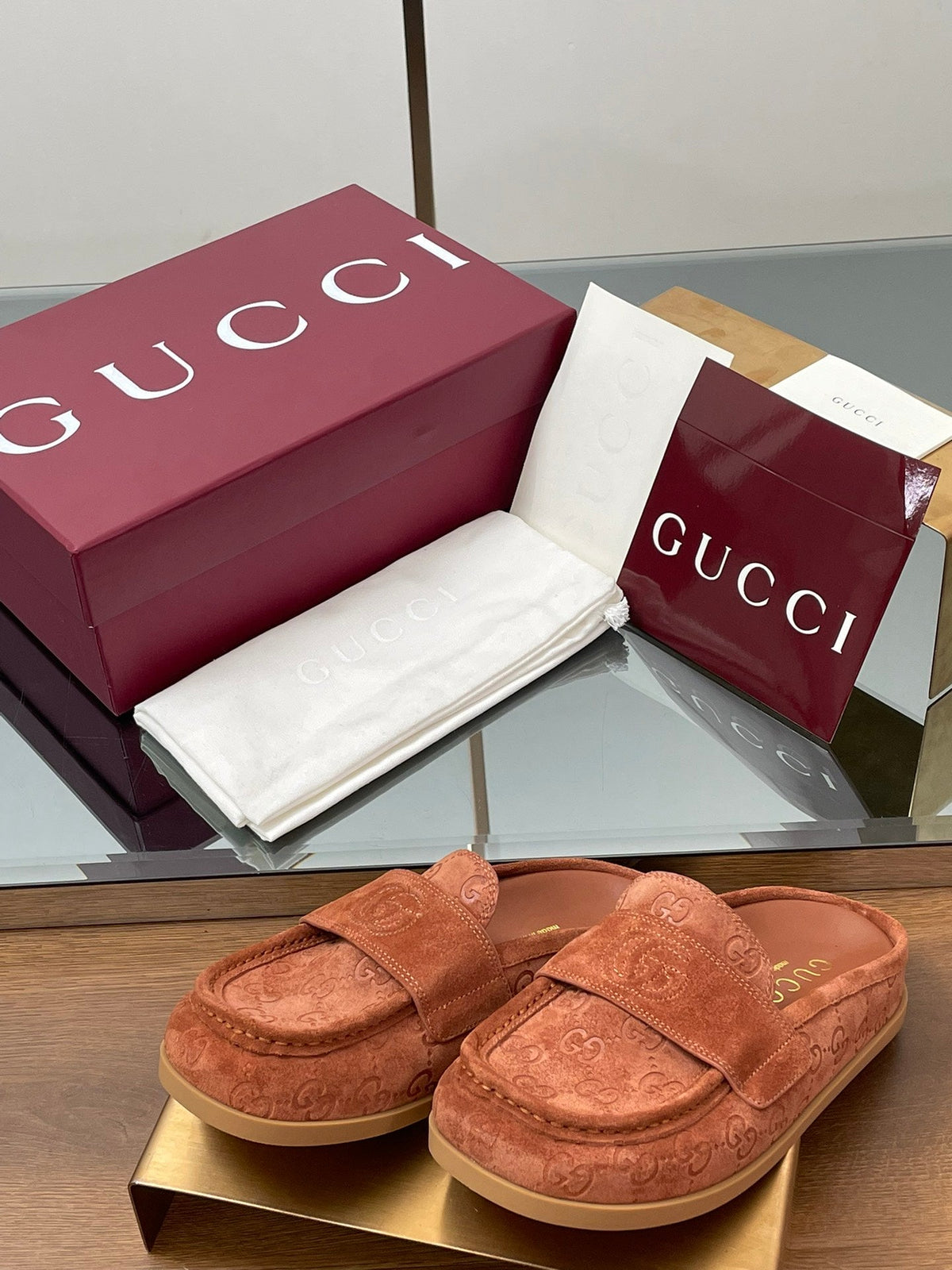 Gucci 26s Celia Mules Brick Red GG Suede 156841