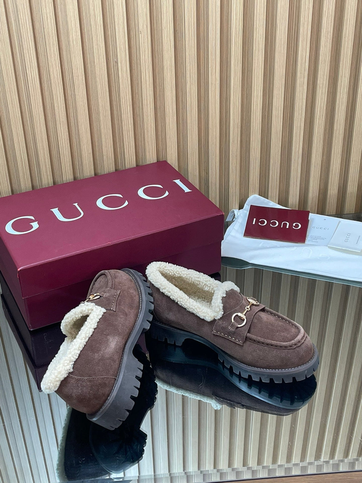 Gucci 26s Loafers Dark Brown Suede Shearling 156829
