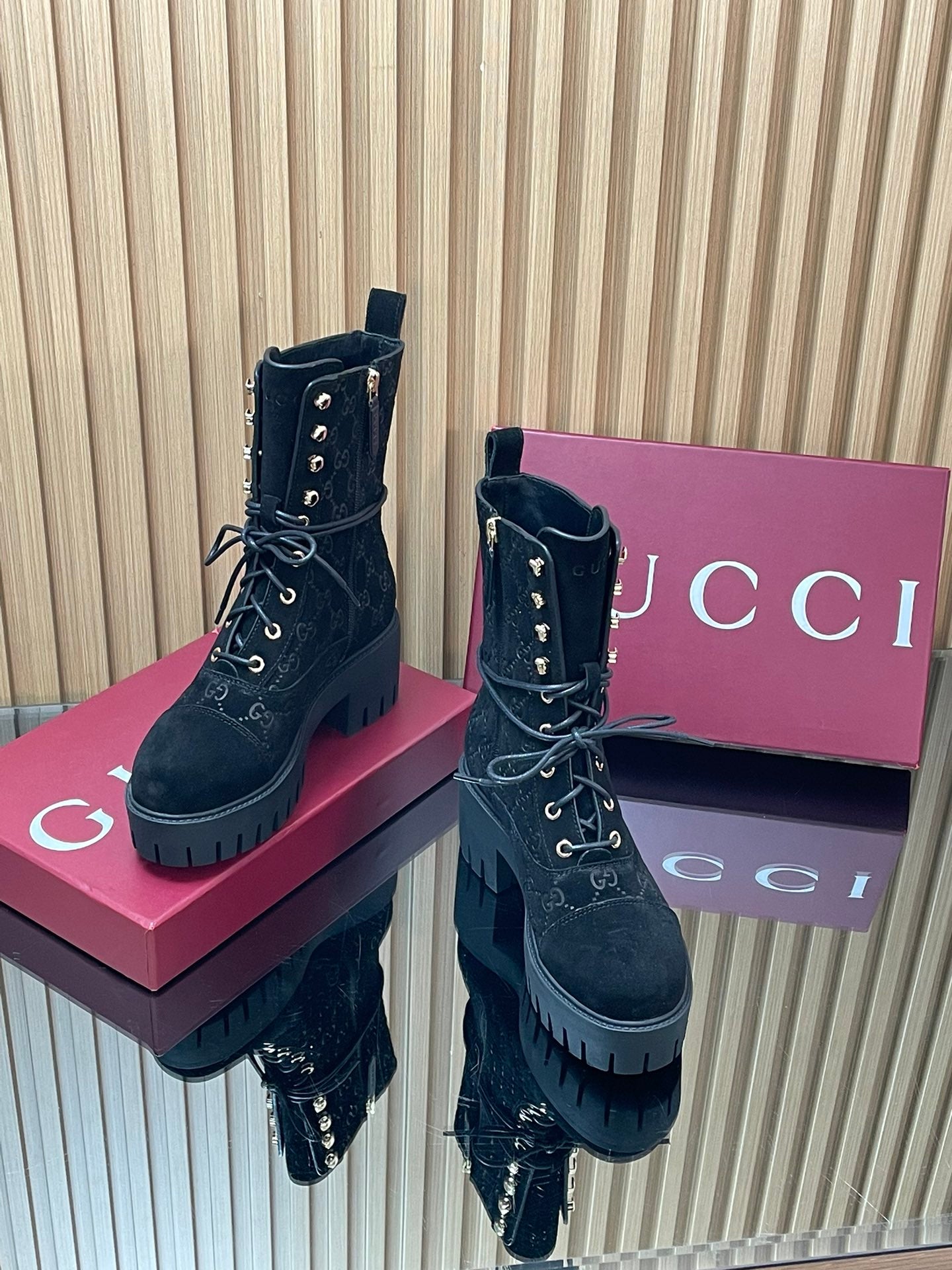 GG 26s Combat Boots Black GG-Embossed Suede 997186