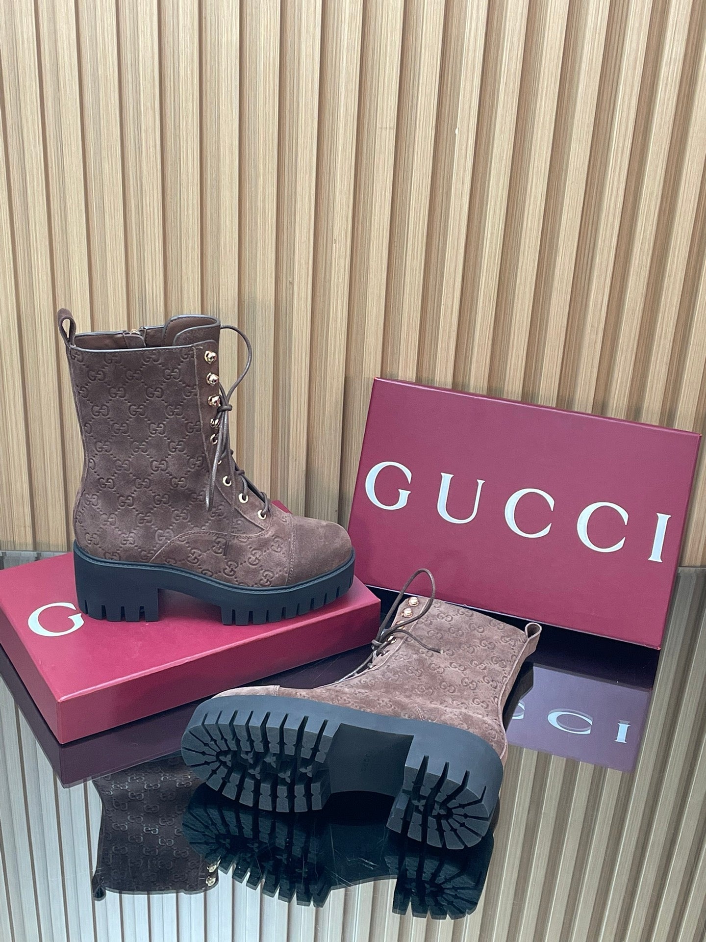 GG 26s Combat Boots Coffee GG-Embossed Suede 997187