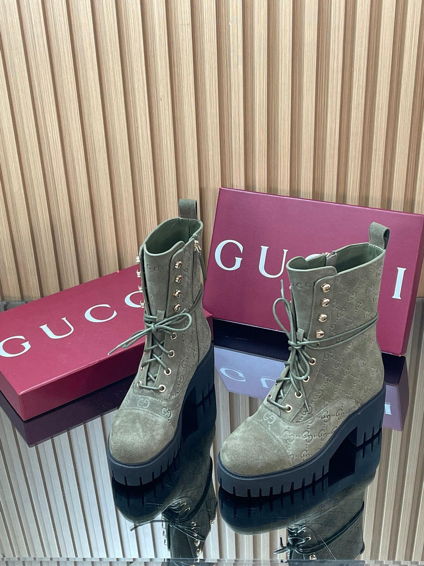 GG 26s Combat Boots Brown GG-Embossed Suede 997188