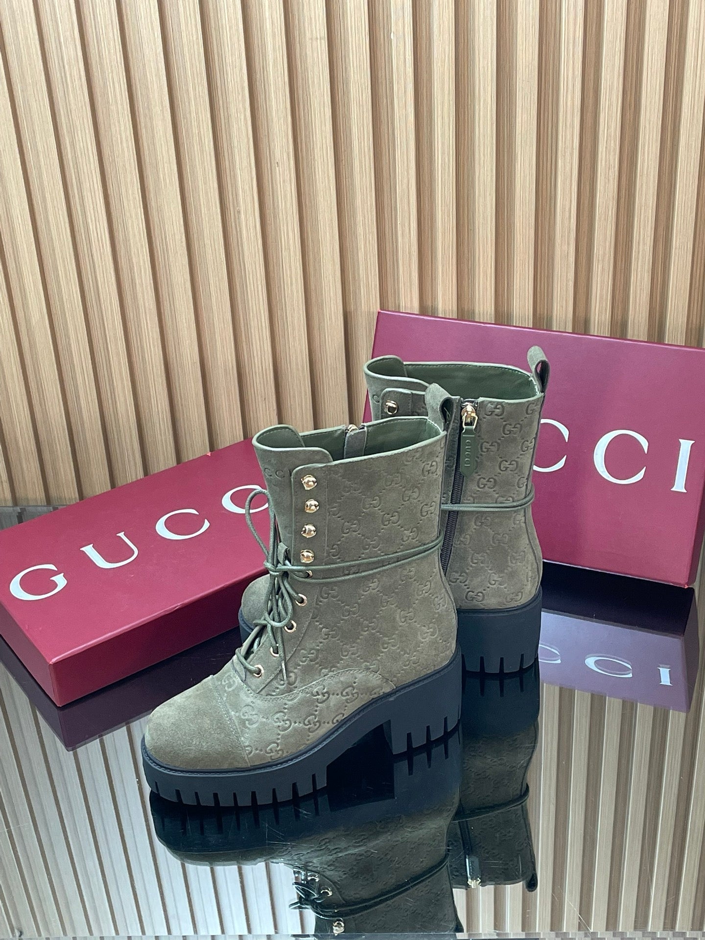 GG 26s Combat Boots Brown GG-Embossed Suede 997188