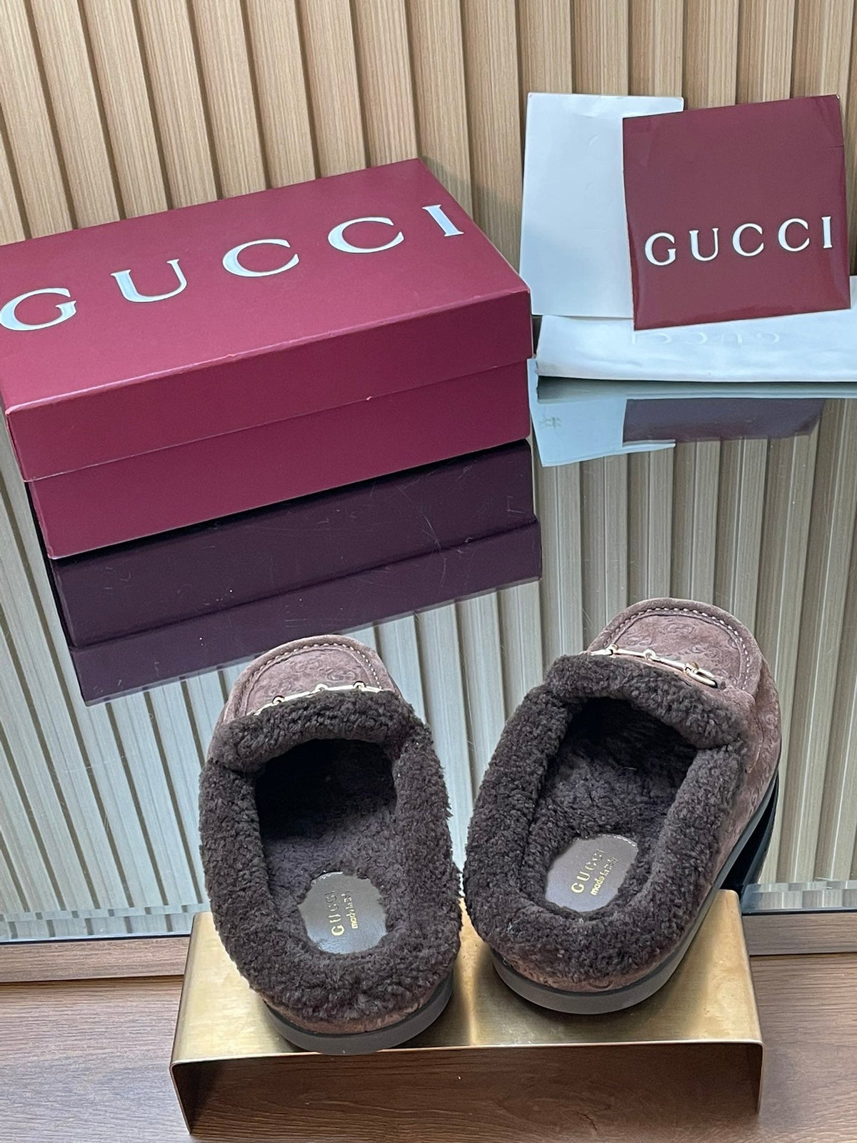 Gucci 26s Celia Mules Dark Brown GG Suede Shearling 156832