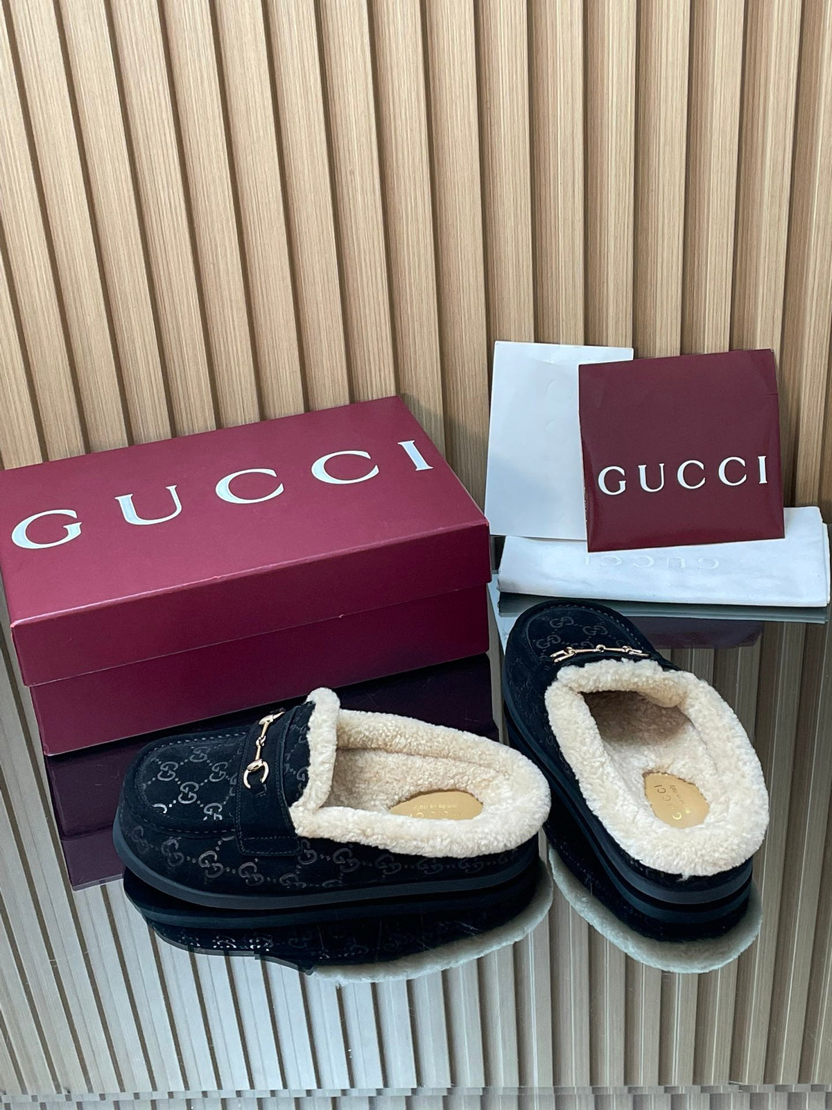 Gucci 26s Celia Mules Black GG Suede Shearling 156833