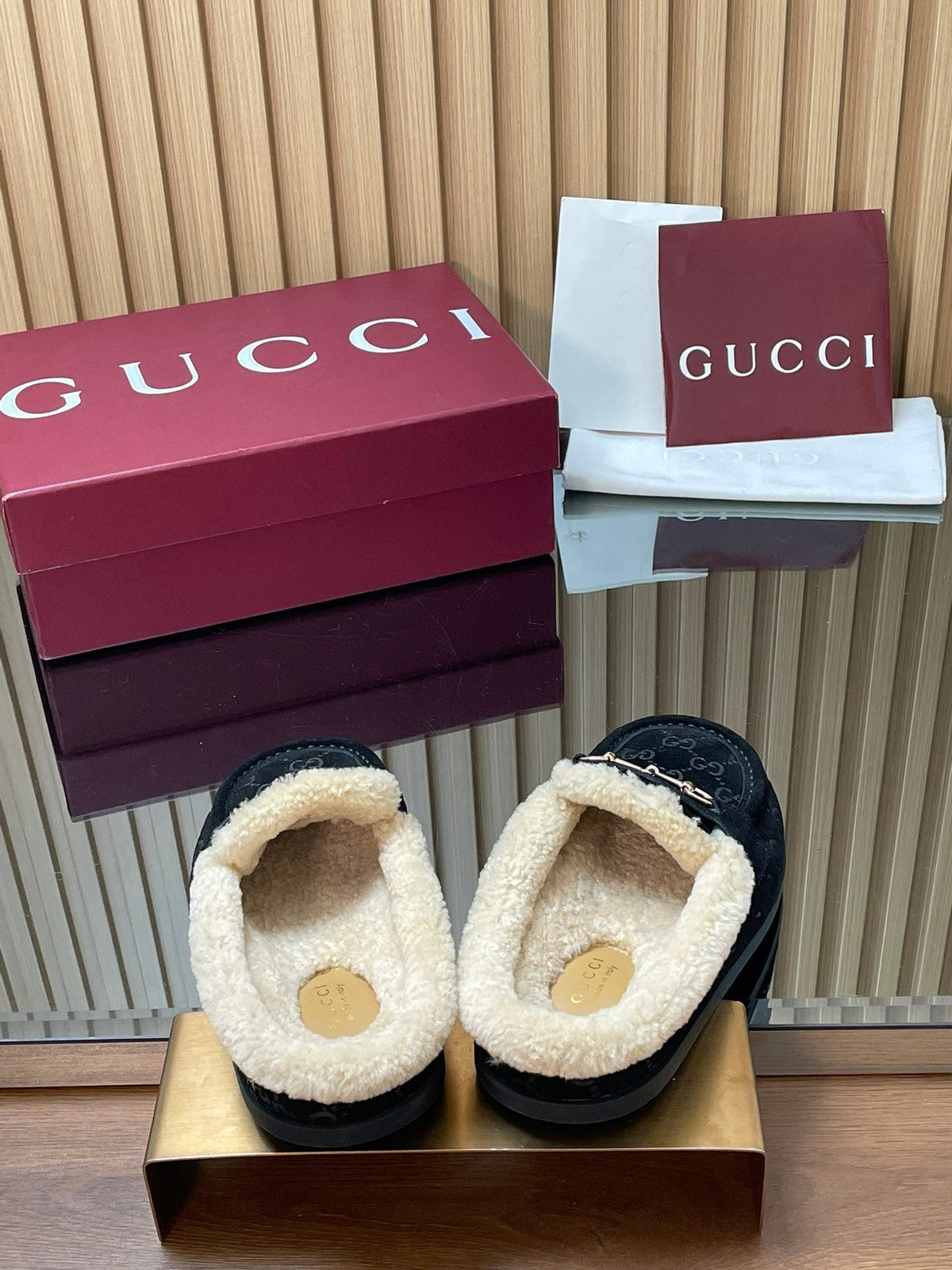 Gucci 26s Celia Mules Black GG Suede Shearling 156833