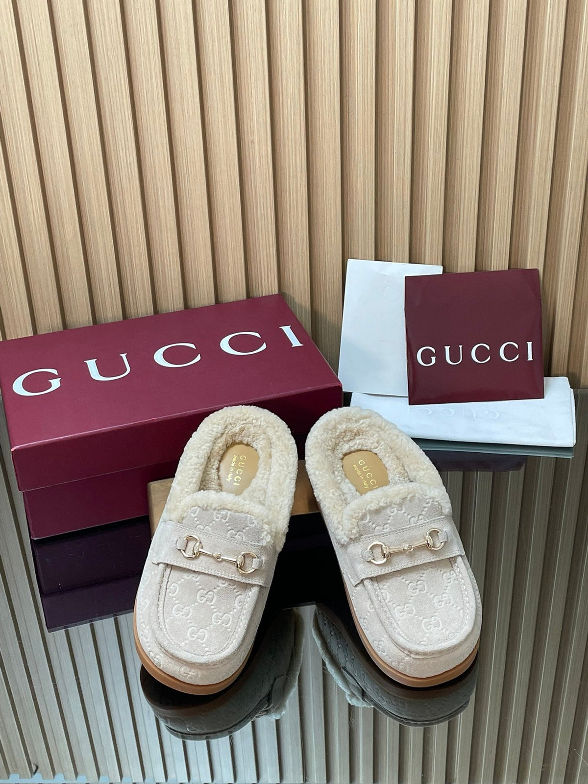 Gucci 26s Celia Mules Off-White GG Suede Shearling 156834