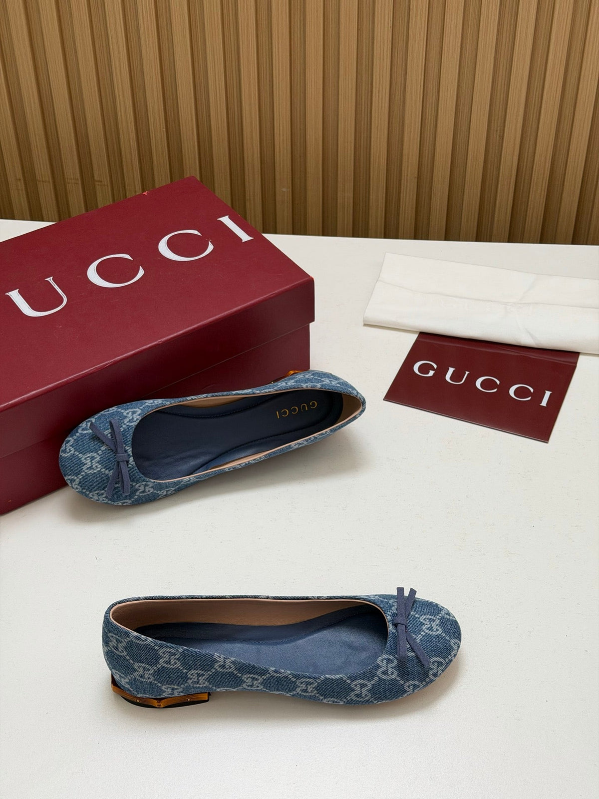 Gucci 26s Crystal Ballerina With Bamboo Flats Blue GG Denim 156867