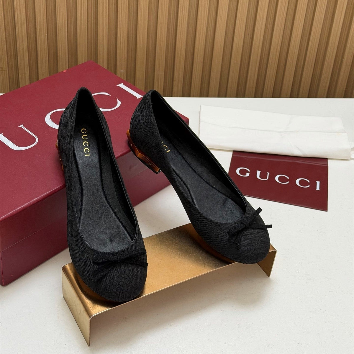 Gucci 26s Crystal Ballerina With Bamboo Flats Black GG Canvas 156871