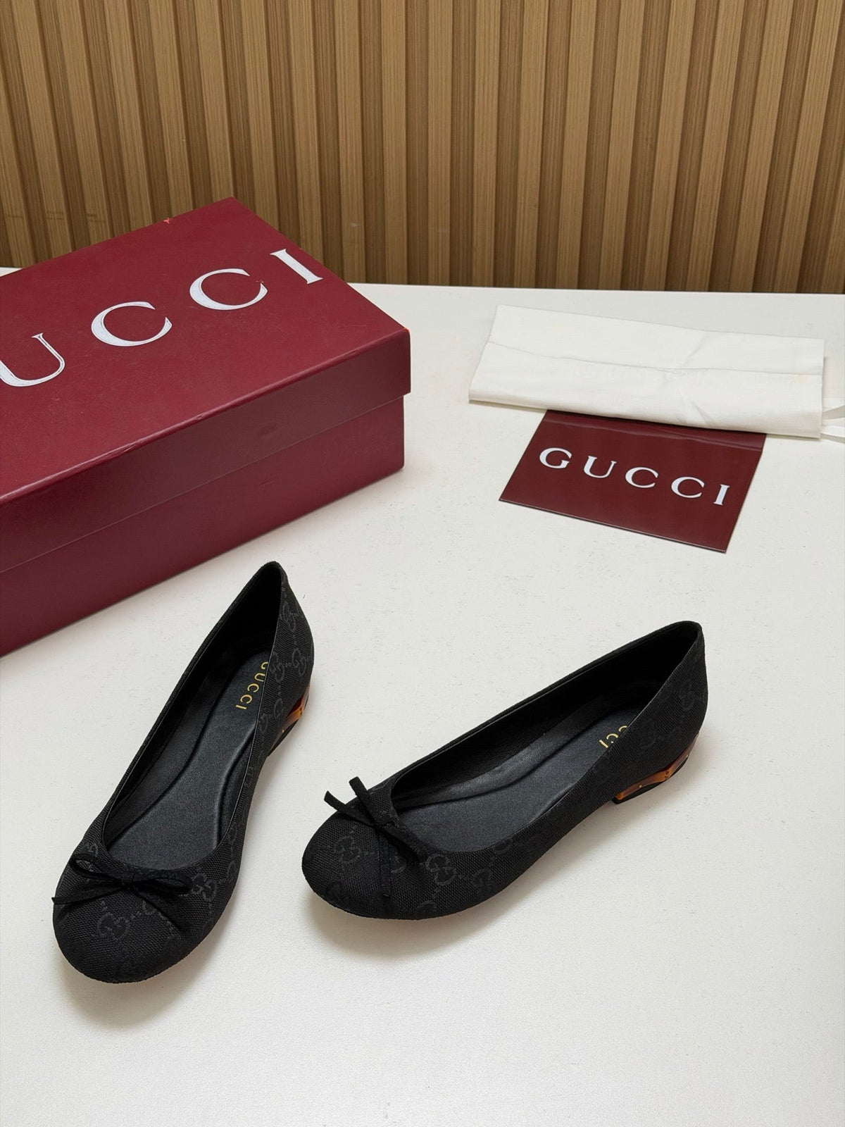 Gucci 26s Crystal Ballerina With Bamboo Flats Black GG Canvas 156871