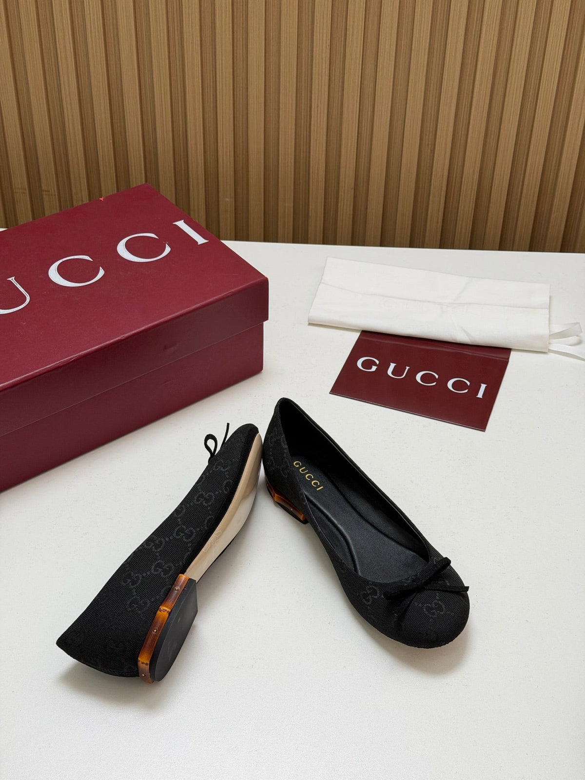 Gucci 26s Crystal Ballerina With Bamboo Flats Black GG Canvas 156871