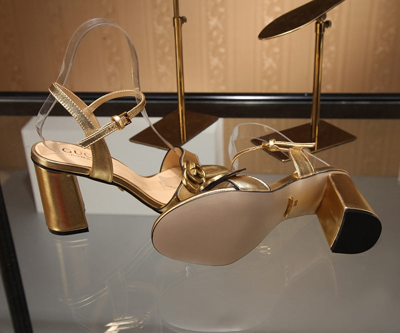 GG Marmont Ankle Strap Sandal 8cm Gold Sheepskin 342566
