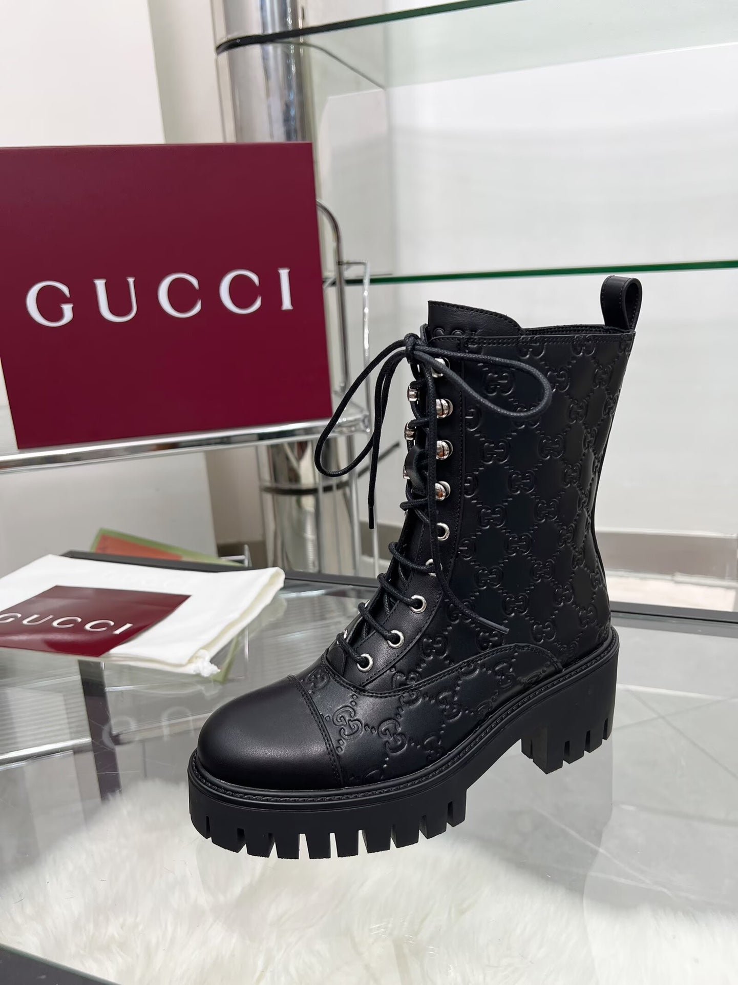 GG Platform Combat Boots Black Logo Embossed Cowhide 476791