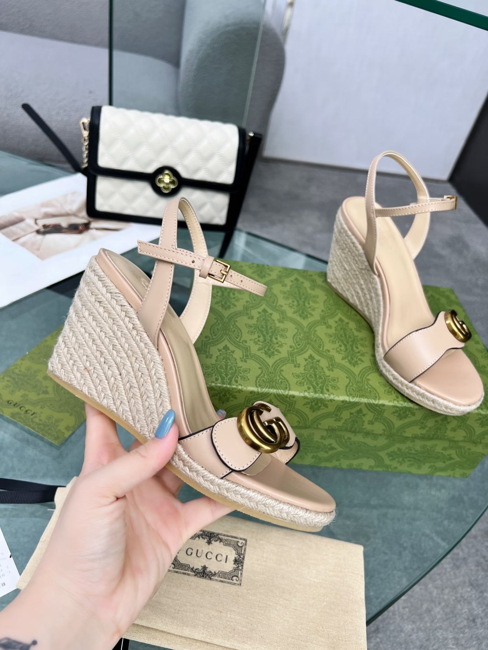 GG 26s Straw Platform Sandals 8cm Light Pink Leather 926713