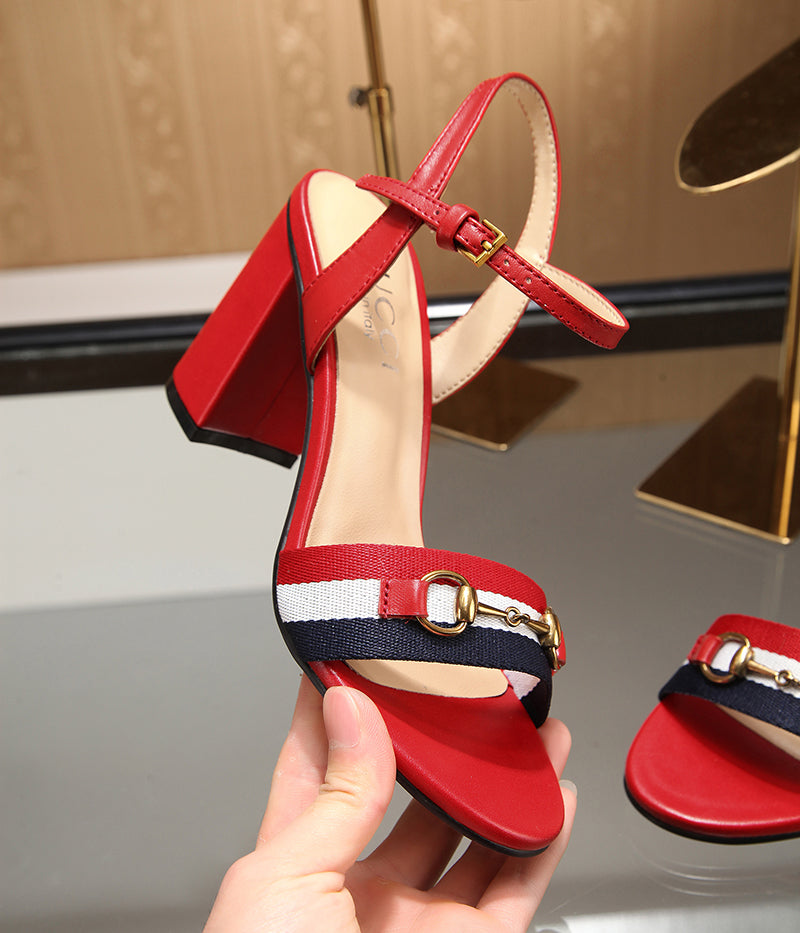 GG 26s Horsebit Sandals 8cm Red Leather Canvas 926699