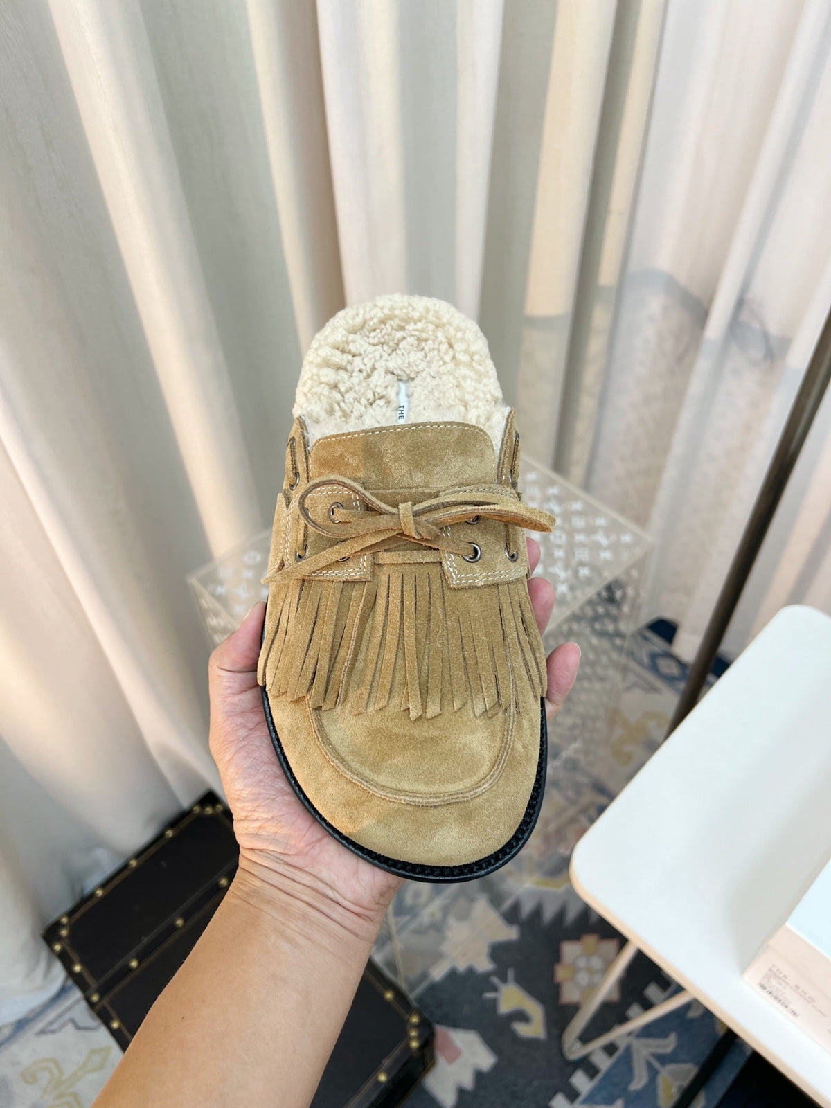 The Row 26s Tassel Mule Flat Beige Suede 146484