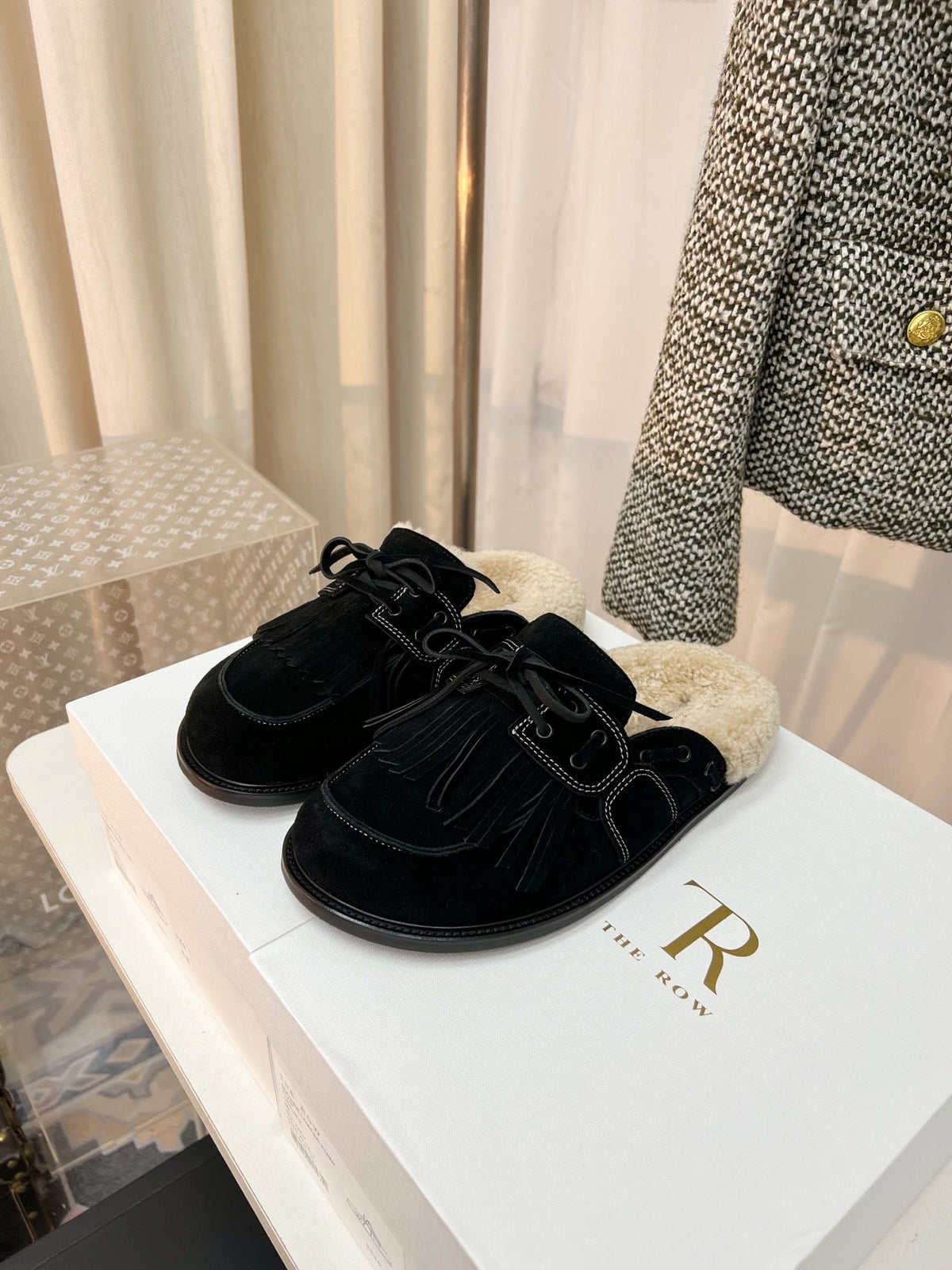 The Row 26s Tassel Mule Flat Black Suede 146486