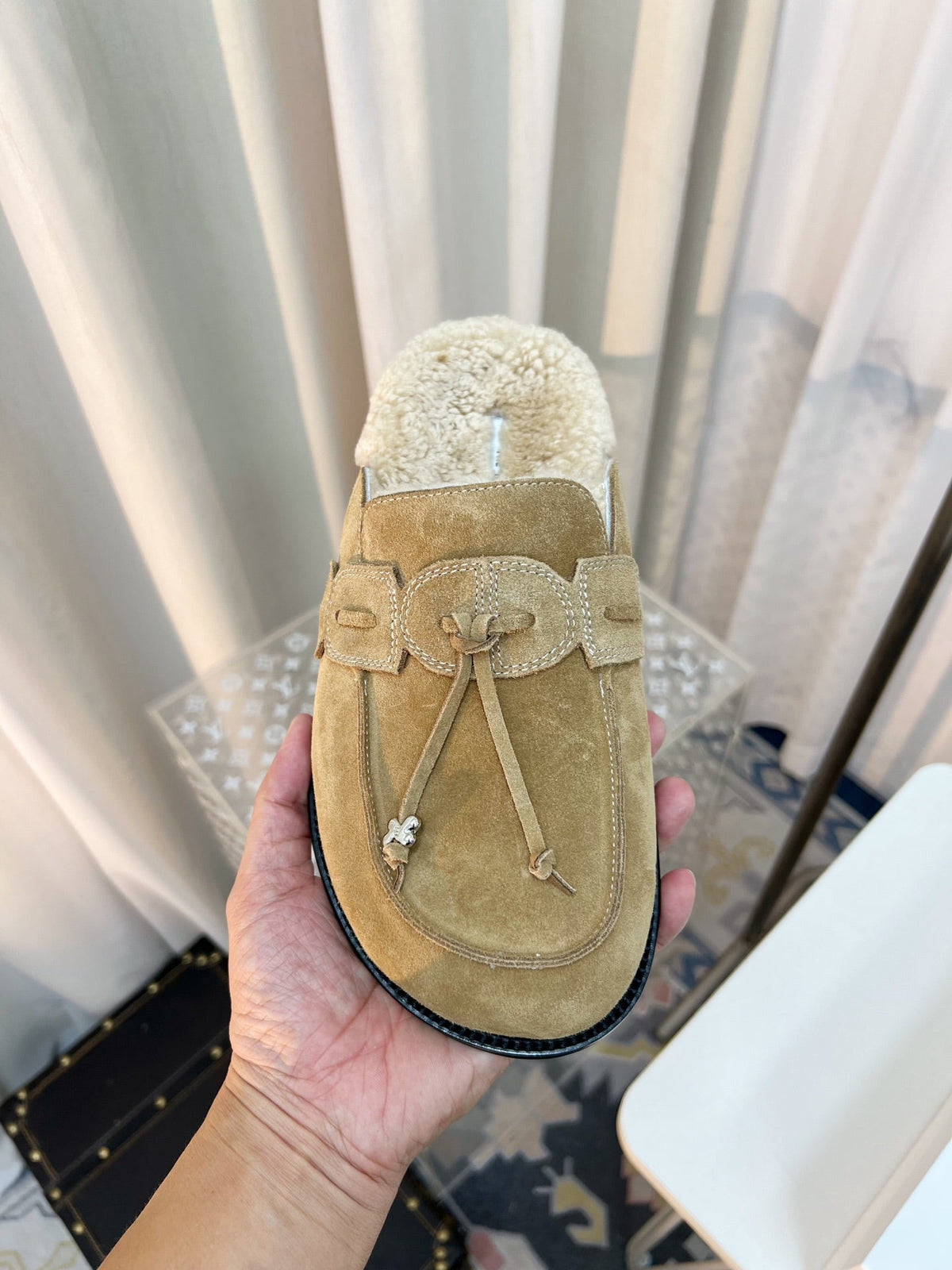 The Row 26s Drawstring Mule Flat Beige Suede 146482