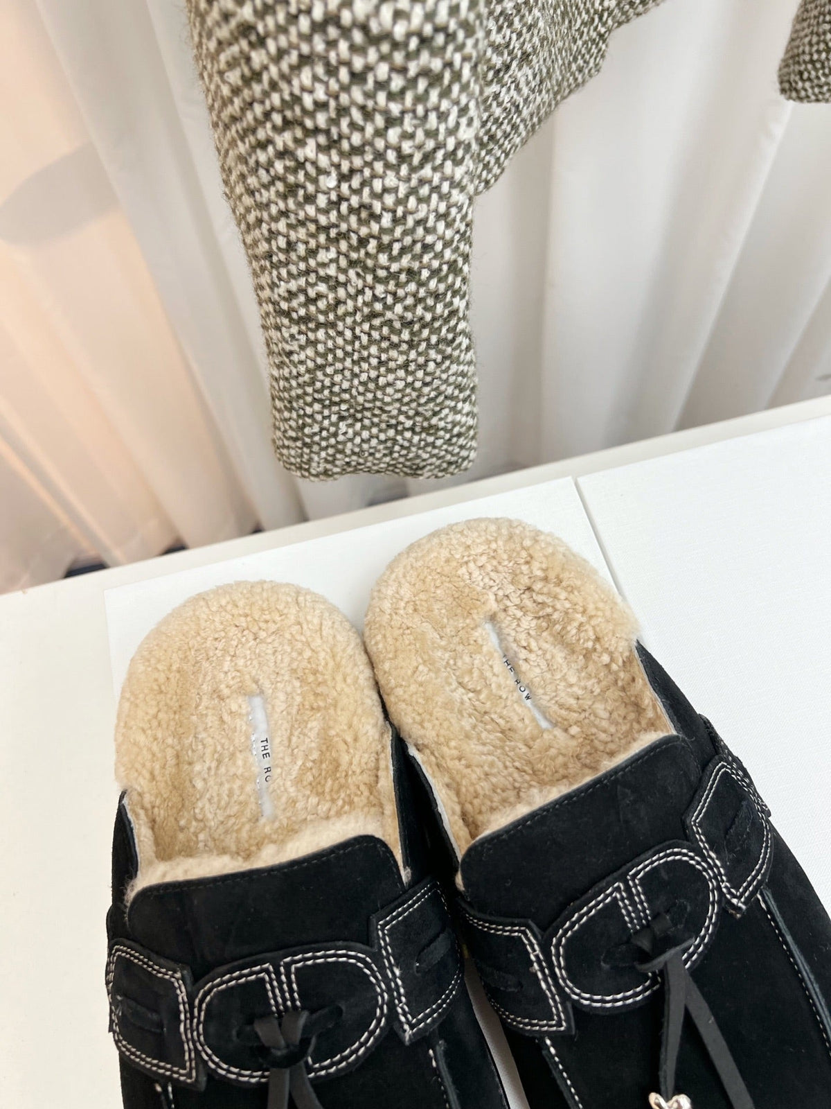 The Row 26s Drawstring Mule Flat Black Suede 146481