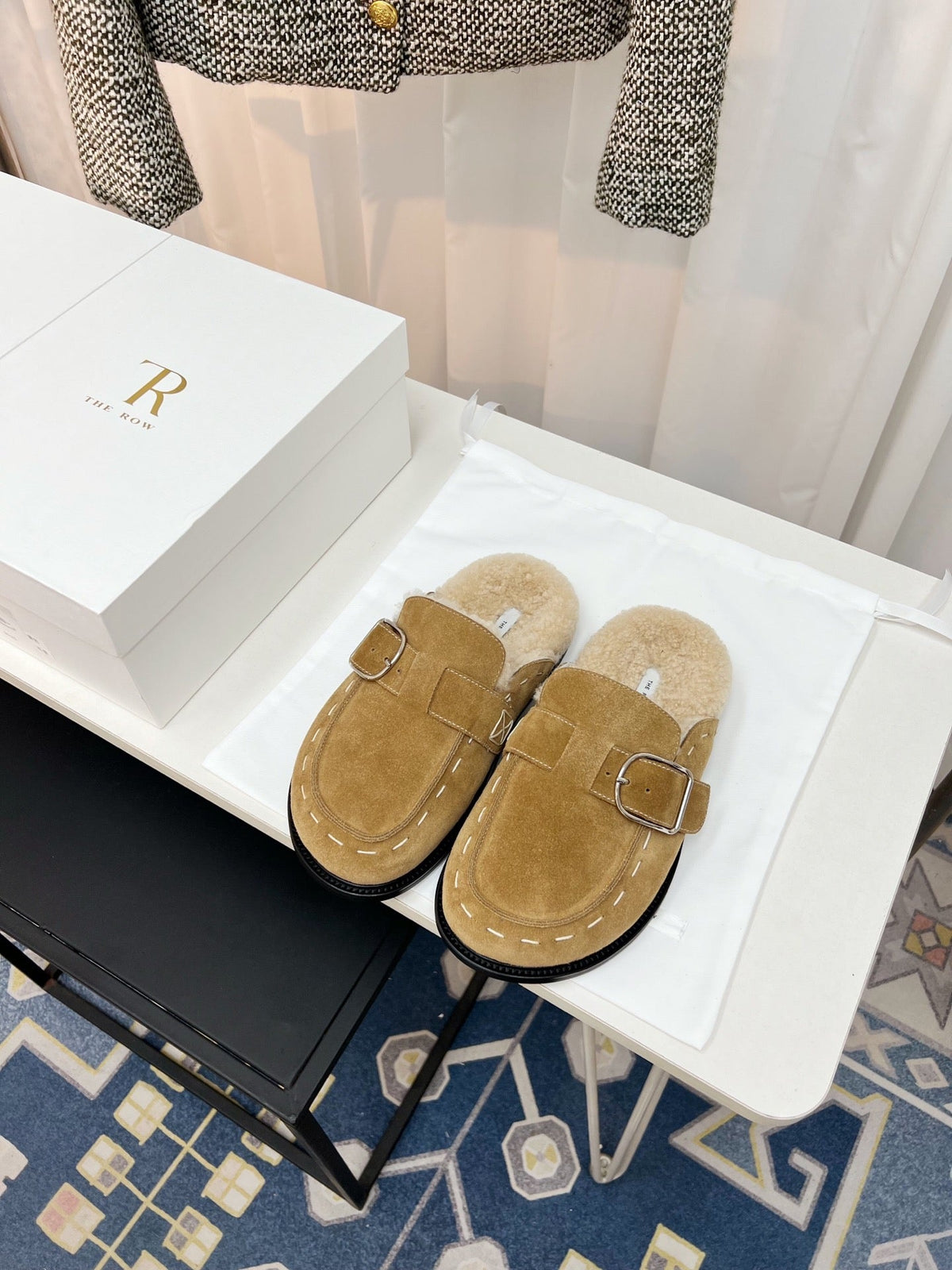 The Row 26s Buckle Mule Flat Beige Suede 146480