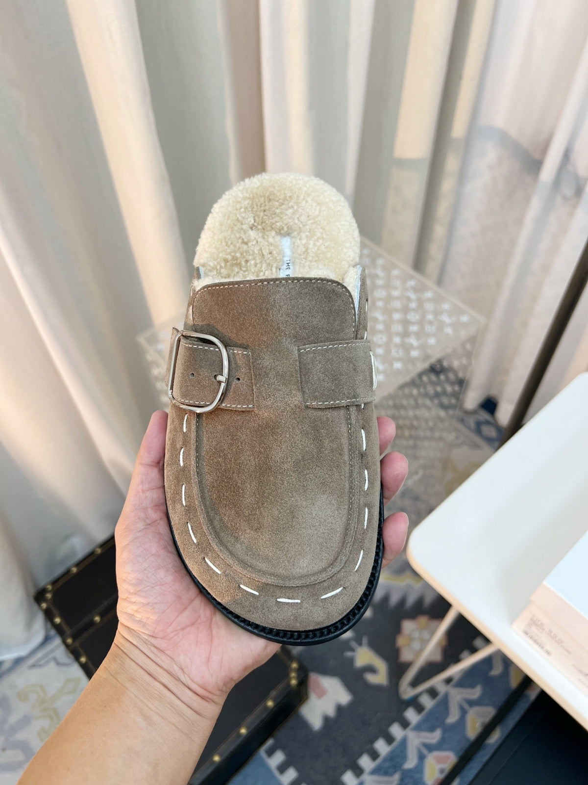 The Row 26s Buckle Mule Flat Taupe Suede 146479