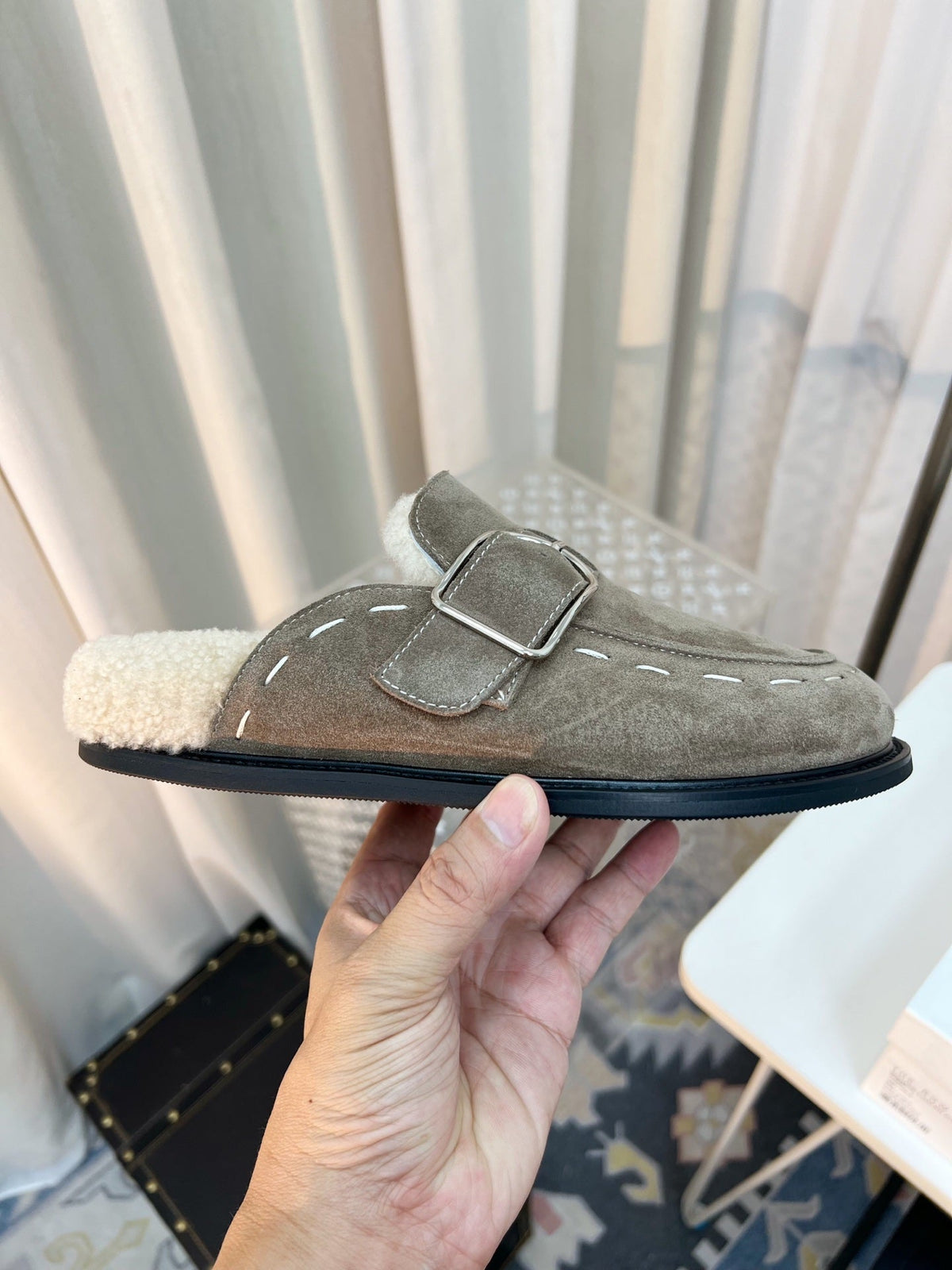 The Row 26s Buckle Mule Flat Taupe Suede 146479