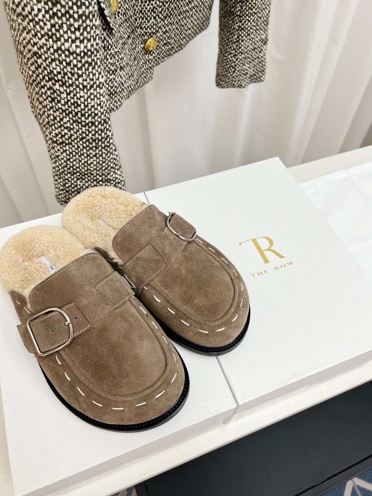 The Row 26s Buckle Mule Flat Taupe Suede 146479