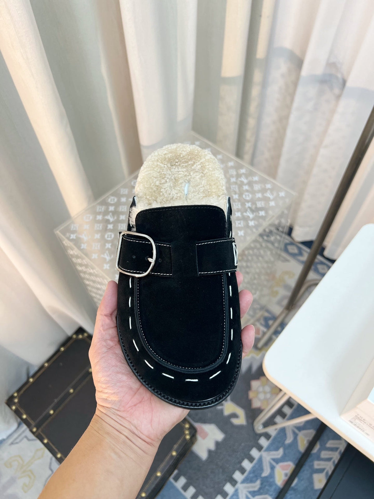 The Row 26s Buckle Mule Flat Black Suede 146478