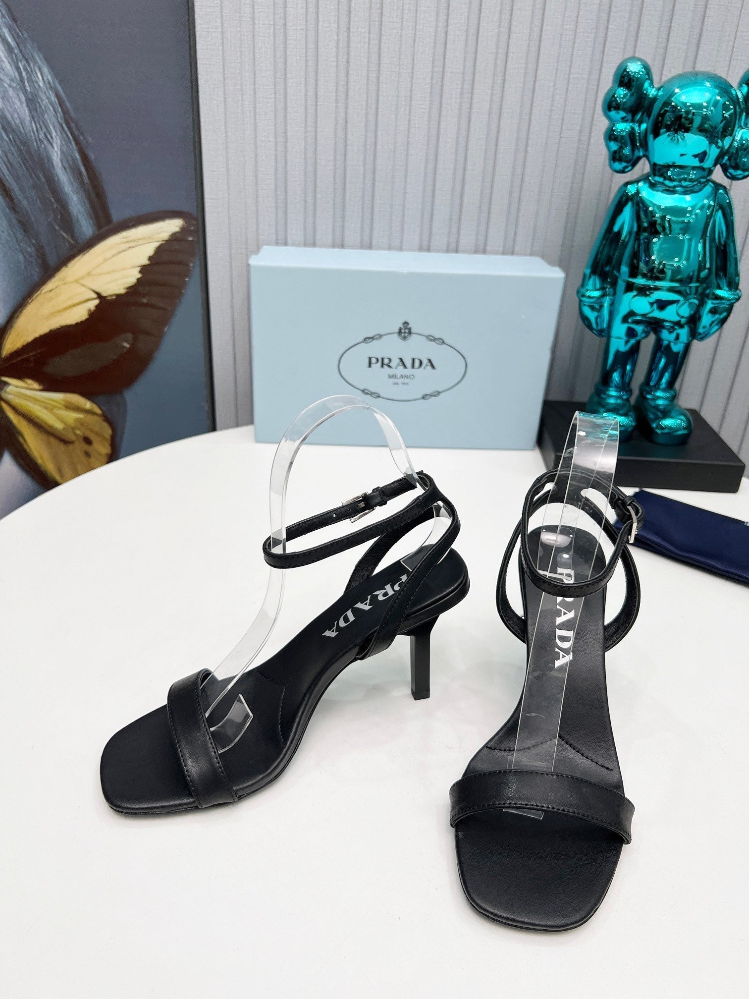 Prada 26s Ankle Strap Sandals Stiletto Heel 80mm In Black Satin
