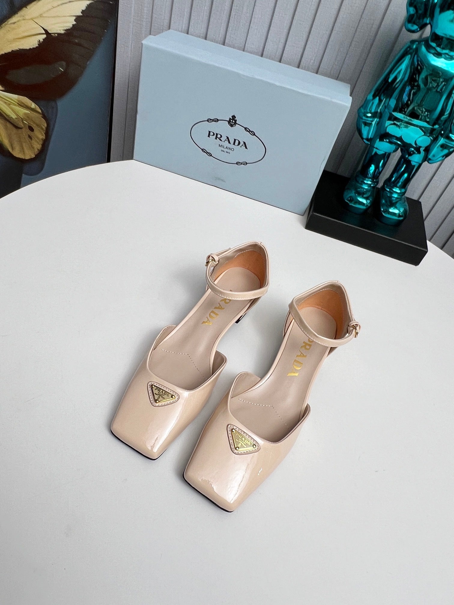 Prada 26s Ankle Strap Pumps 40mm In Nude Beige Patent Calfskin Triangle Logo