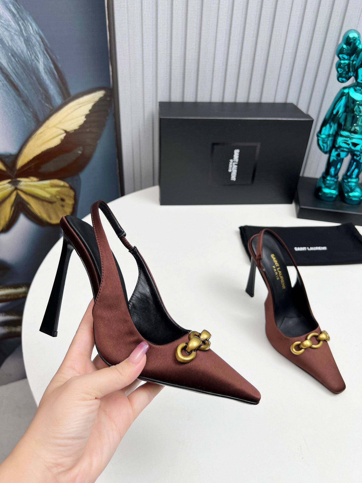 YSL Hermione Slingback 11cm Brown Silk 680403