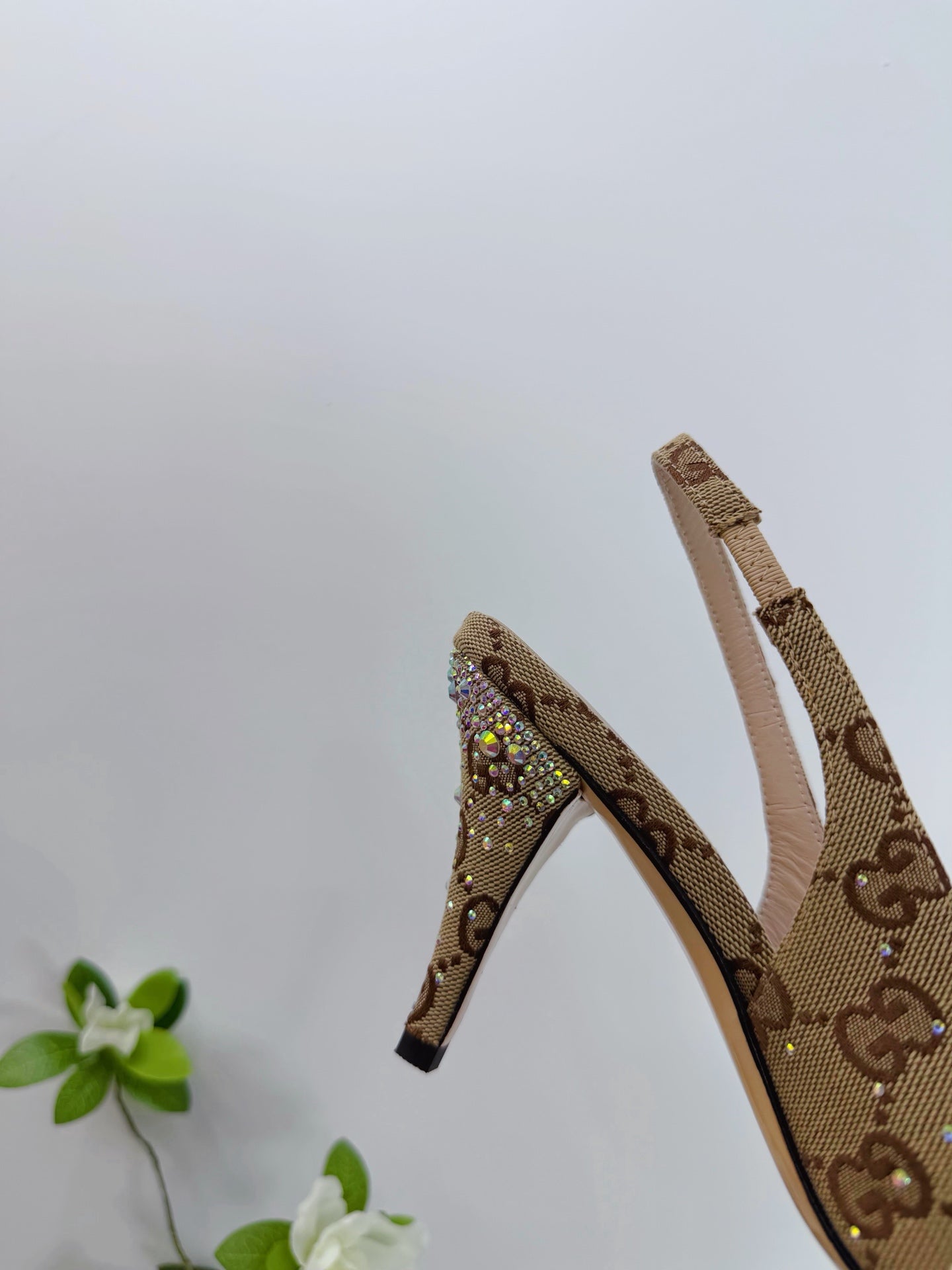 GG 26 Slingback Rhinestones Beige Brown Fabric 592425