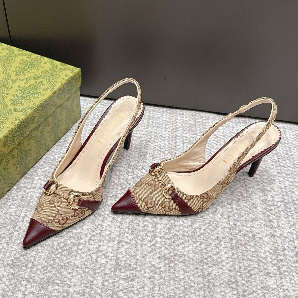 GG 26s Donna Slingback Pumps 8.5cm GG Canvas Burgundy 195299