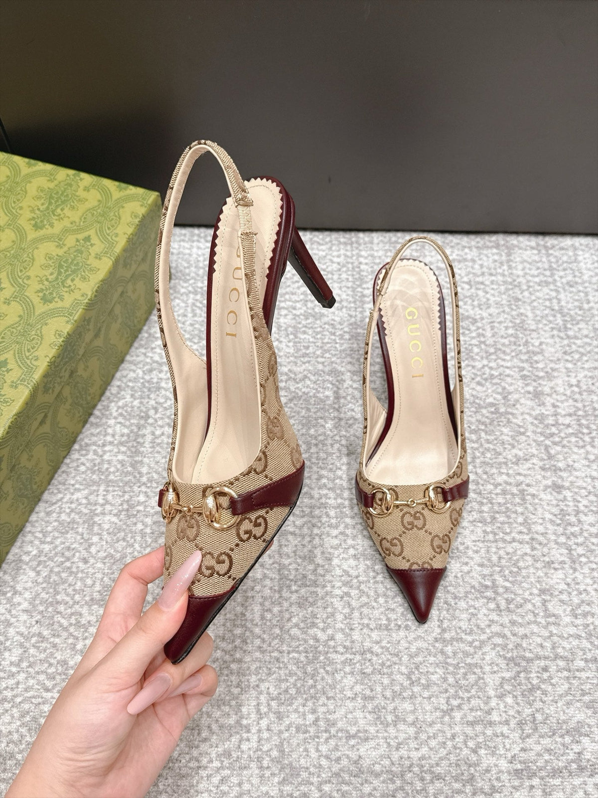 GG 26s Donna Slingback Pumps 8.5cm GG Canvas Burgundy 195299