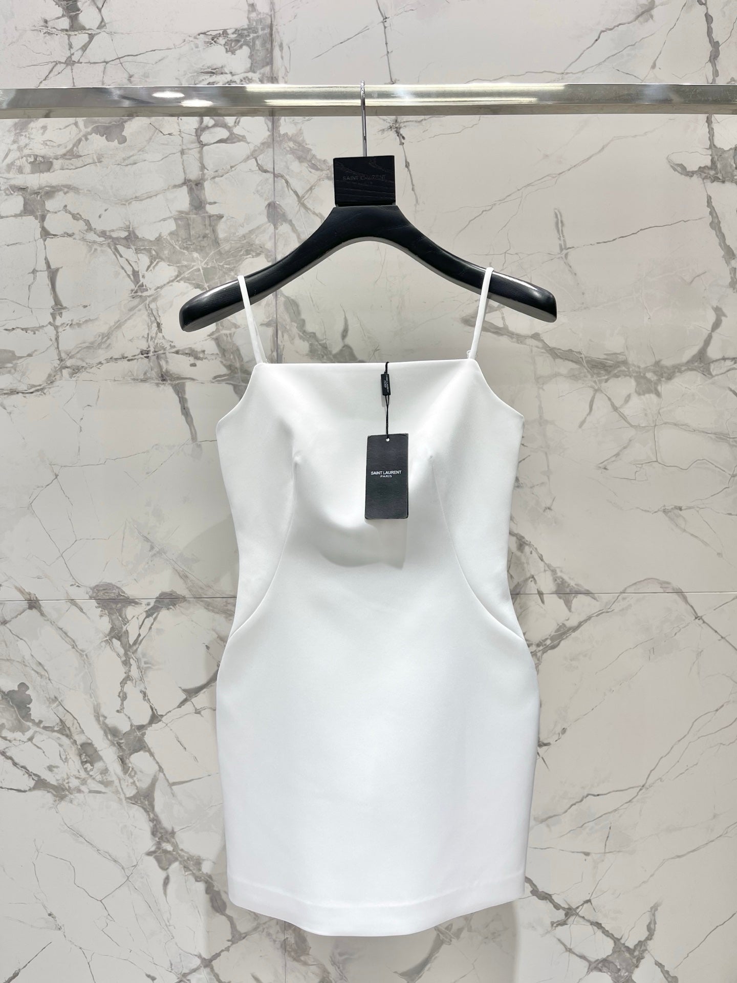 YSL Waist-cinching Slip Dress White Satin