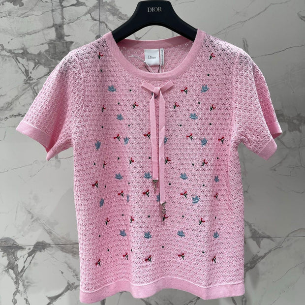 Dior 2026 Embroidered Bow Knit Short-sleeved Top Pink Cotton 714725