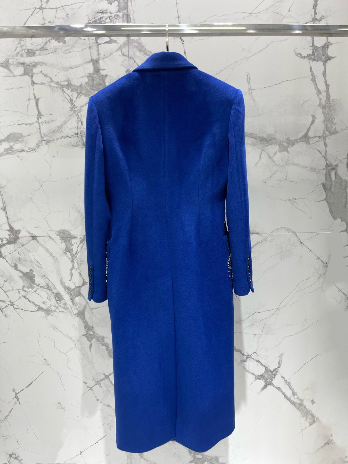 Prada 26s Crystal Embellished Double Breasted Wool Cashmere Long Coat Blue 450243