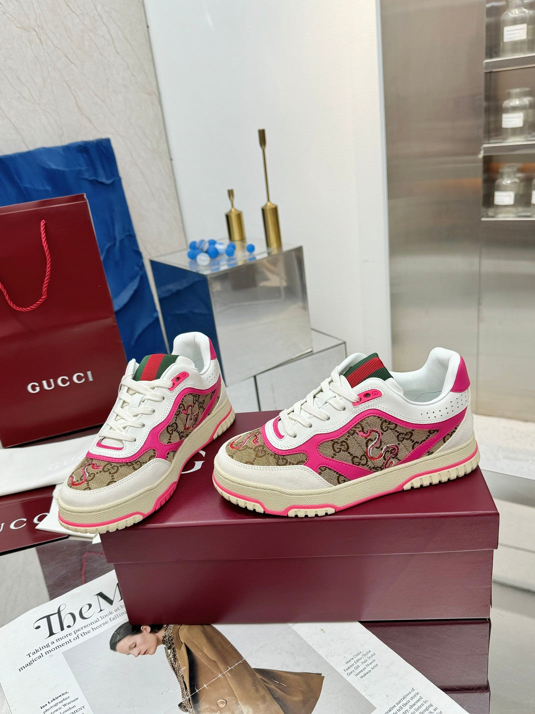 GG Re-Web Sneakers Pink Brown White Suede Cowhide Fabric 564717