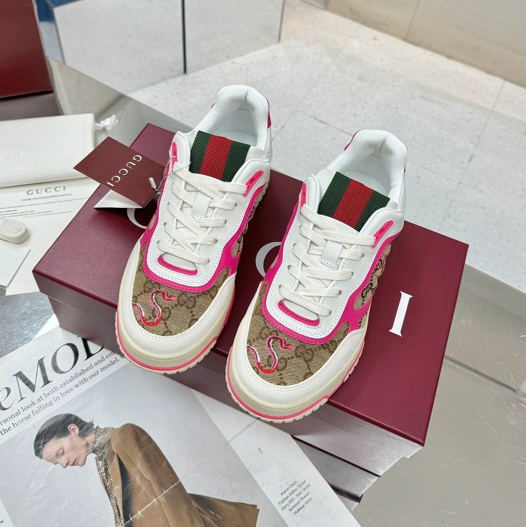 GG Re-Web Sneakers Pink Brown White Suede Cowhide Fabric 564717