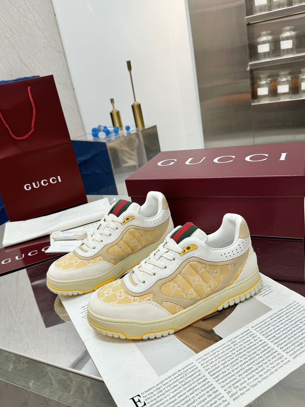 GG Re-Web Sneakers Light Yellow White Suede Cowhide Fabric 564718