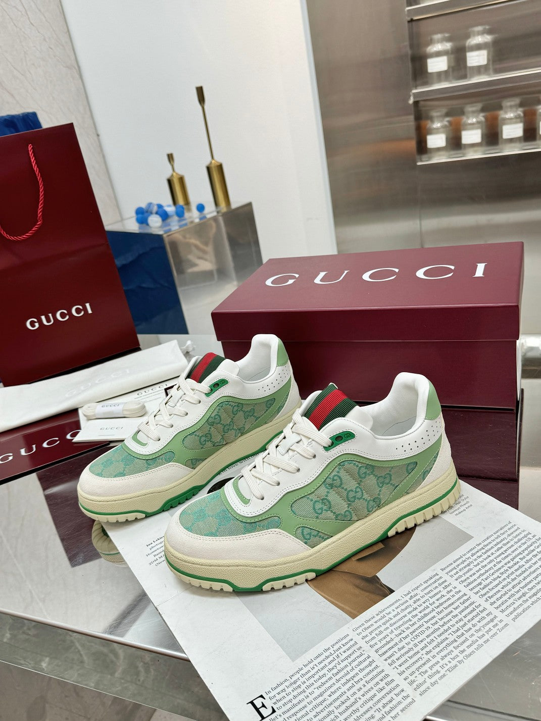 GG Re-Web Sneakers Light Green White Suede Cowhide Fabric 564720