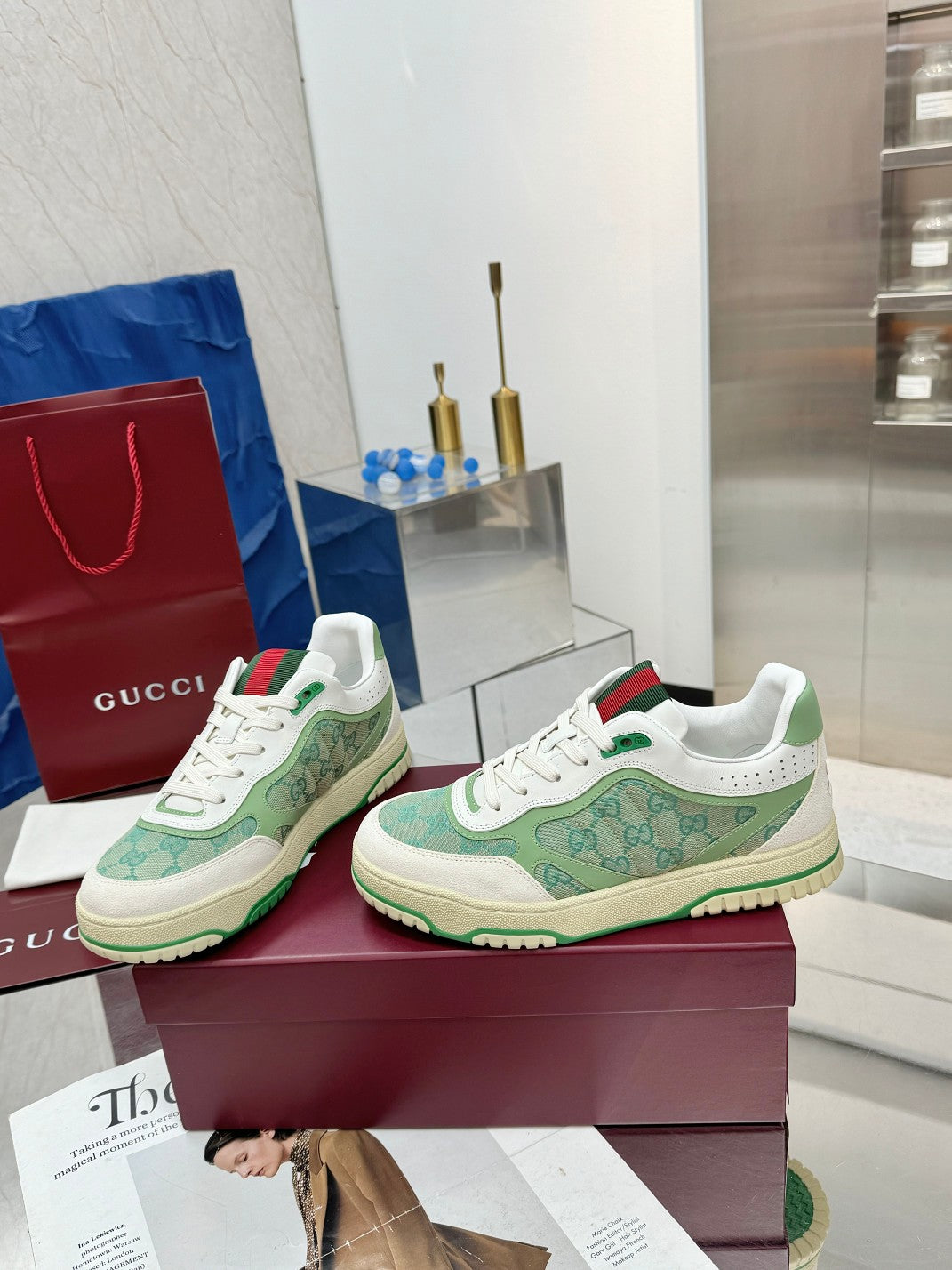 GG Re-Web Sneakers Light Green White Suede Cowhide Fabric 564720