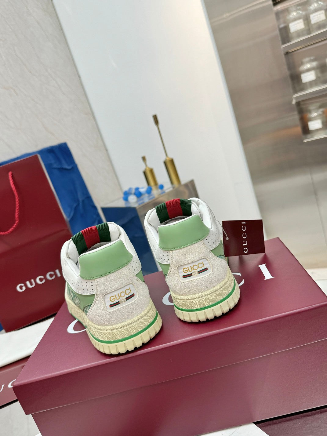 GG Re-Web Sneakers Light Green White Suede Cowhide Fabric 564720