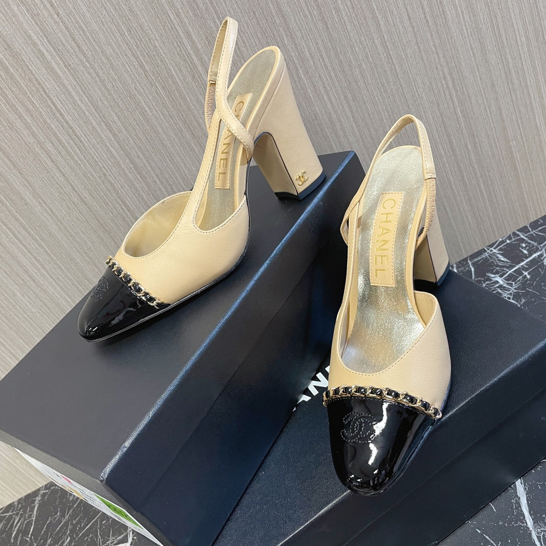 CC 26s Slingbacks  9.5cm Heels Beige Black Leather Patent Canvas 108831