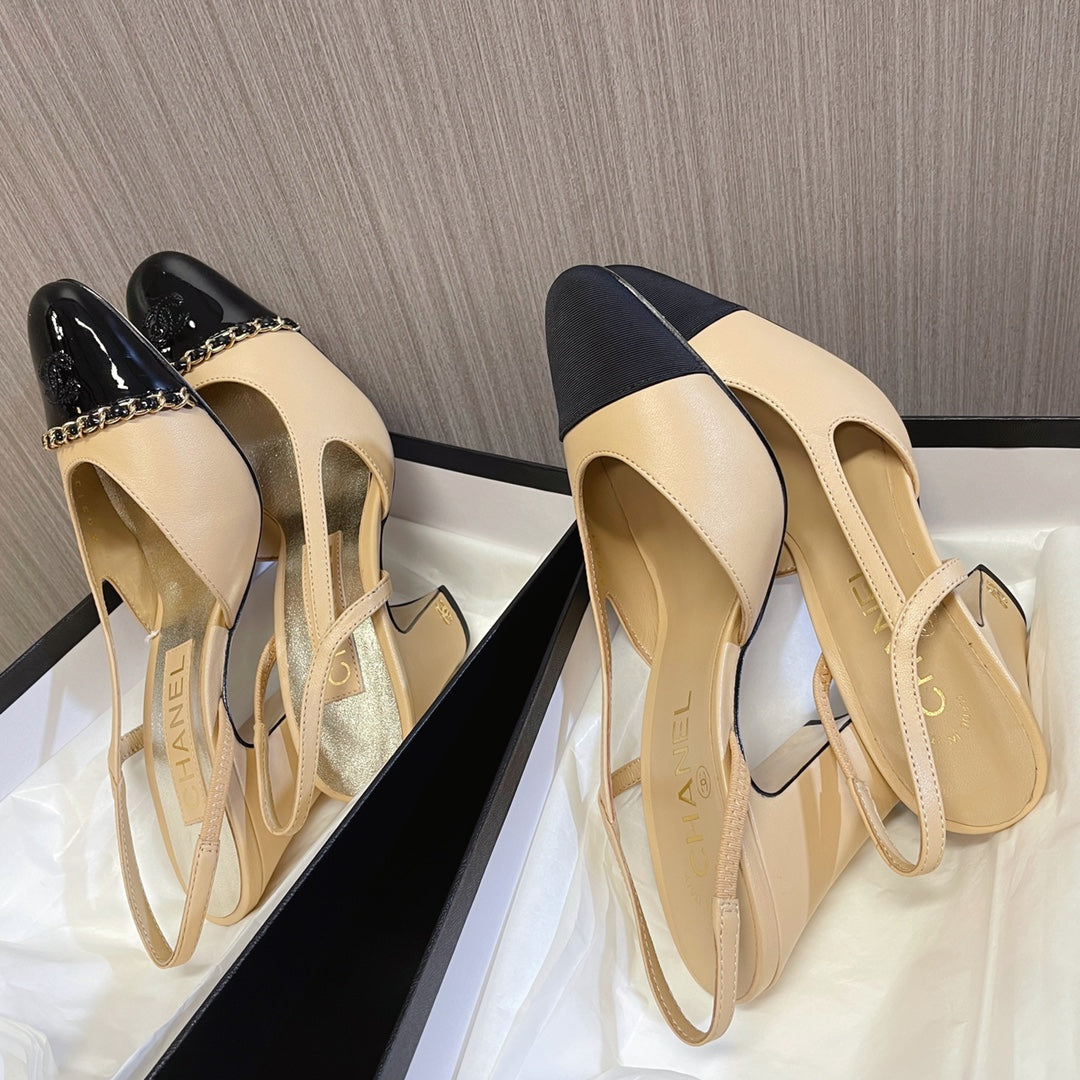 CC 26s Slingbacks  9.5cm Heels Beige Black Leather Patent Canvas 108831