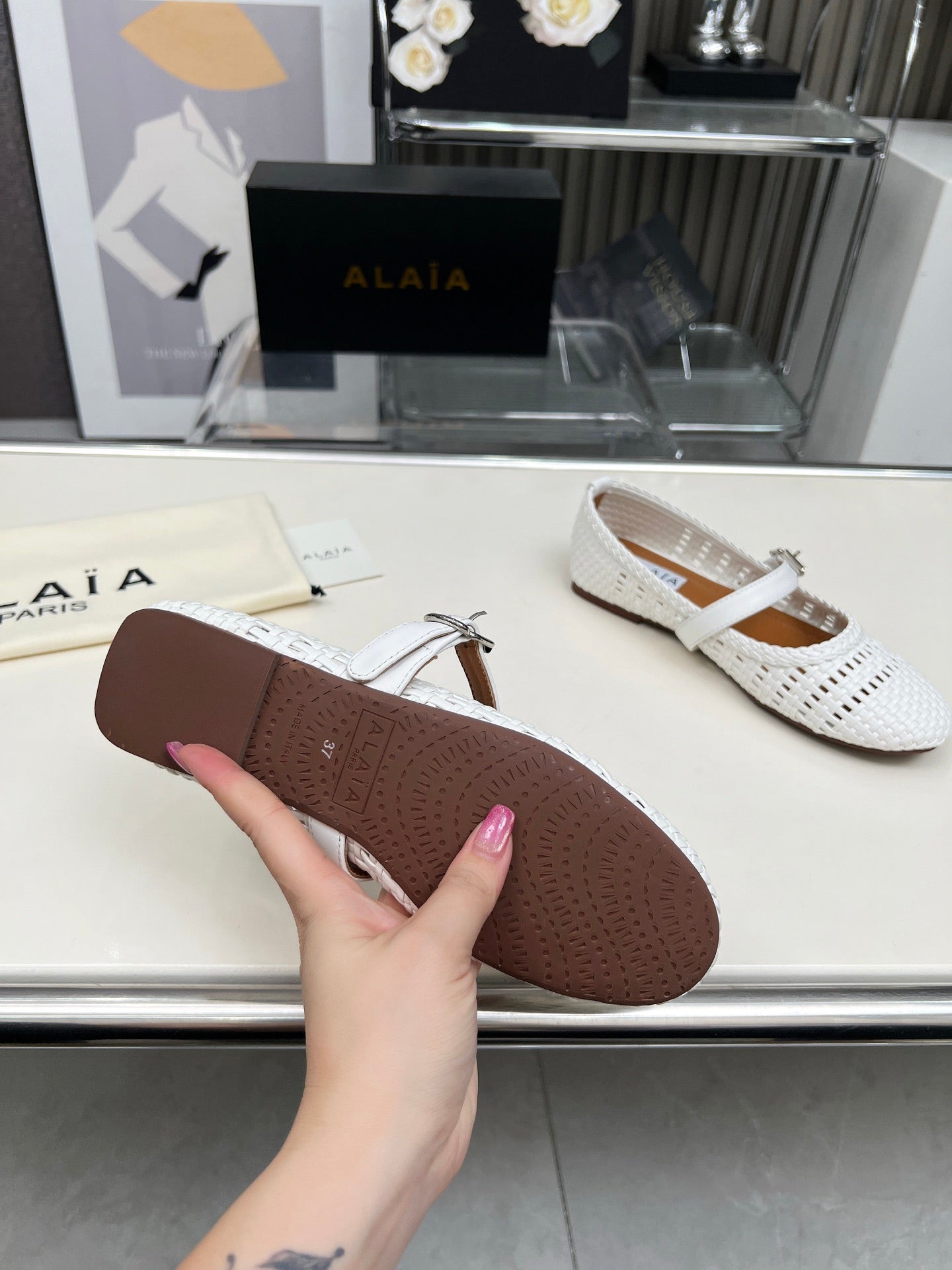 Alaia Mary Jane Flats Woven Pattern White Calfskin 714957