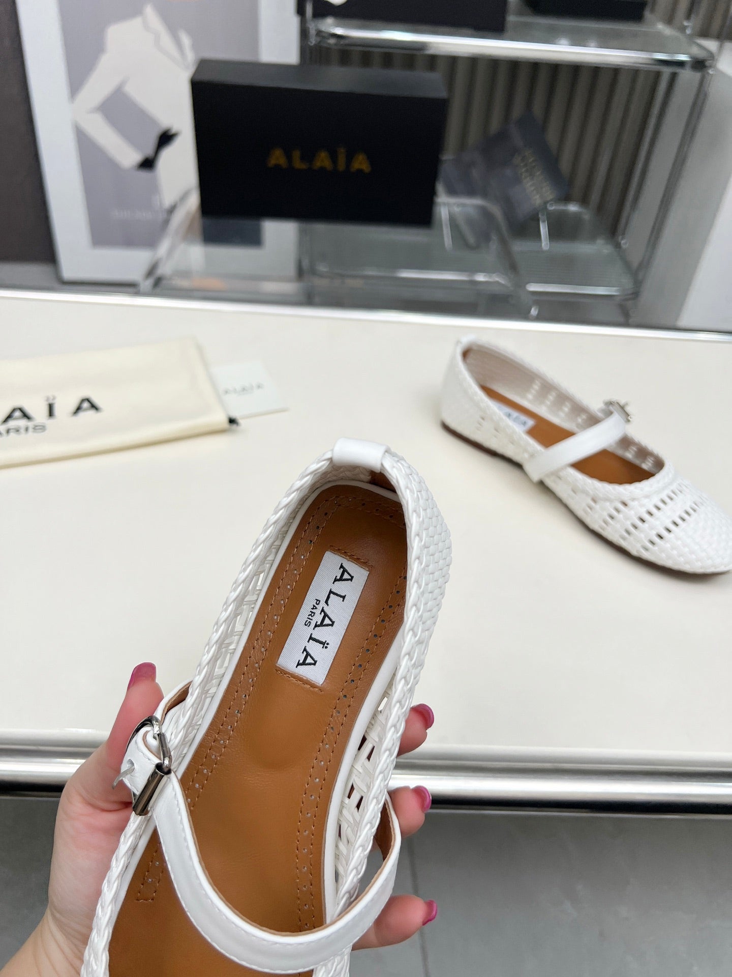 Alaia Mary Jane Flats Woven Pattern White Calfskin 714957