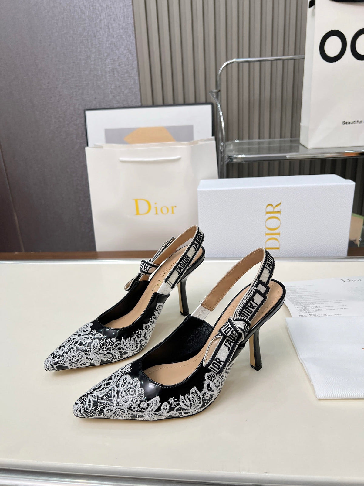 CD 26s J'Adior Slingback Pumps Black White Lace Calfskin 153615